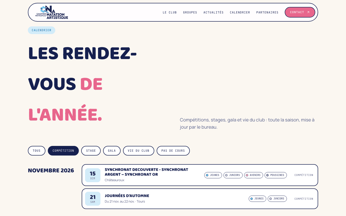 Calendrier des compétitions du site de C’Chartres Métropole Natation Artistique