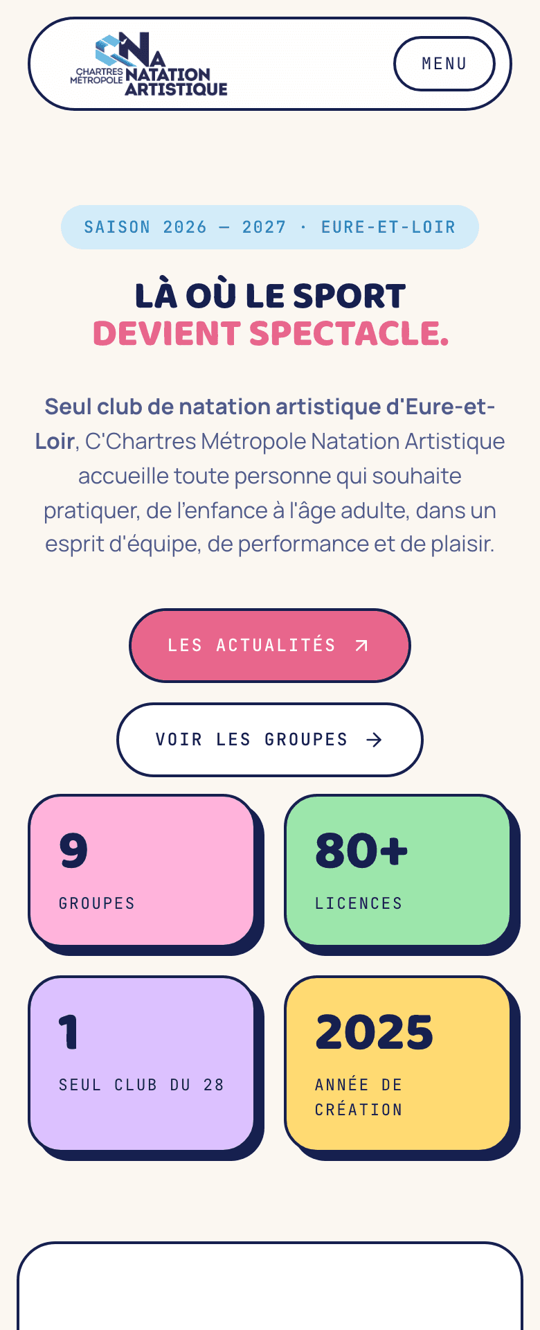 Page d’accueil du site de C’Chartres Métropole Natation Artistique, vue mobile