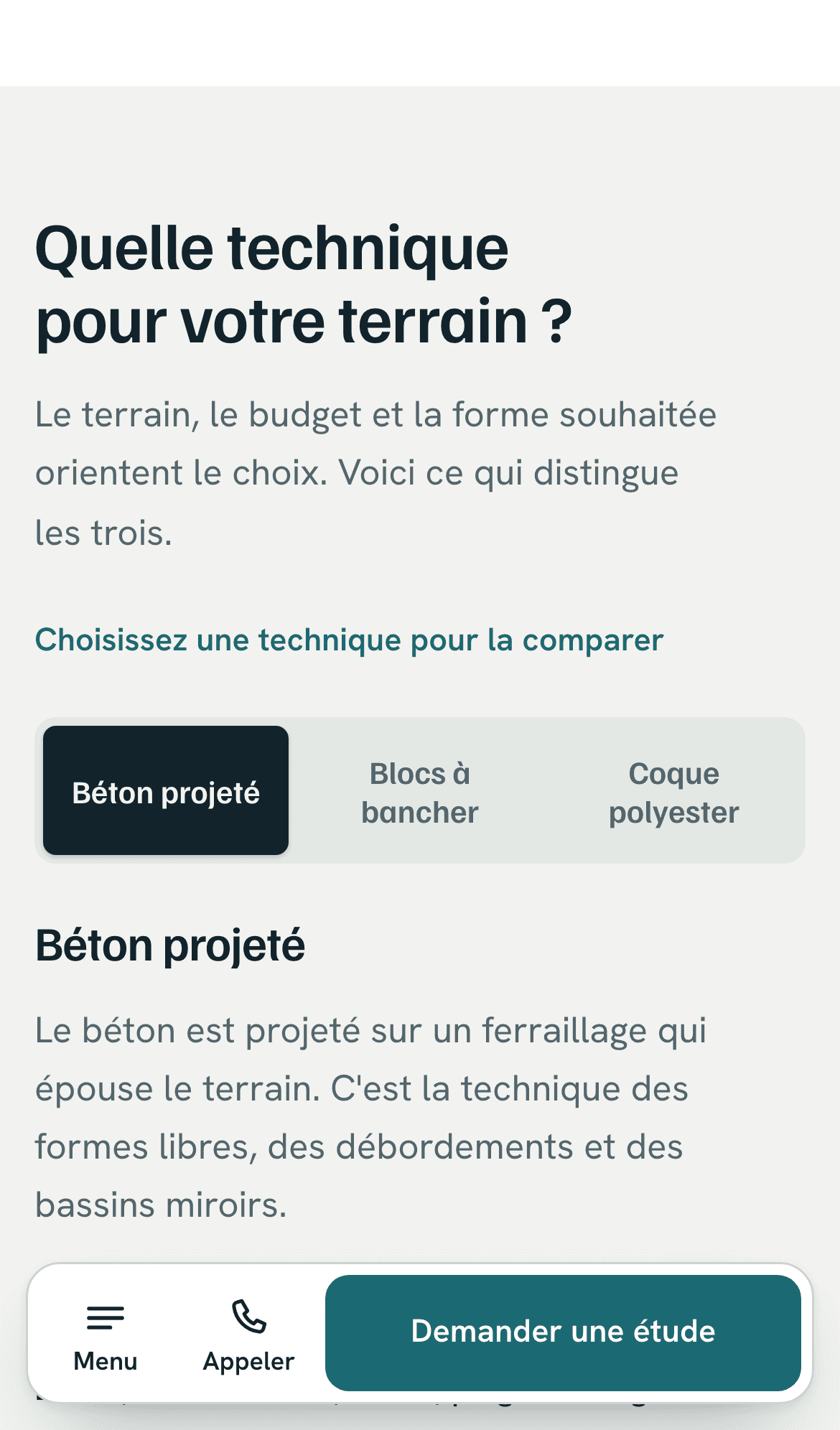 Site démo Delorme Piscines sur téléphone : comparer les techniques de construction