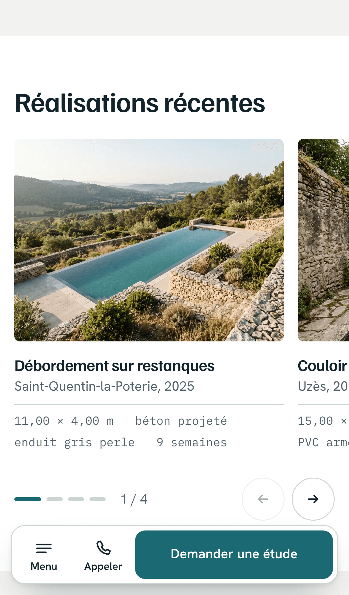 Site démo Delorme Piscines sur téléphone : réalisations récentes avec leurs cotes