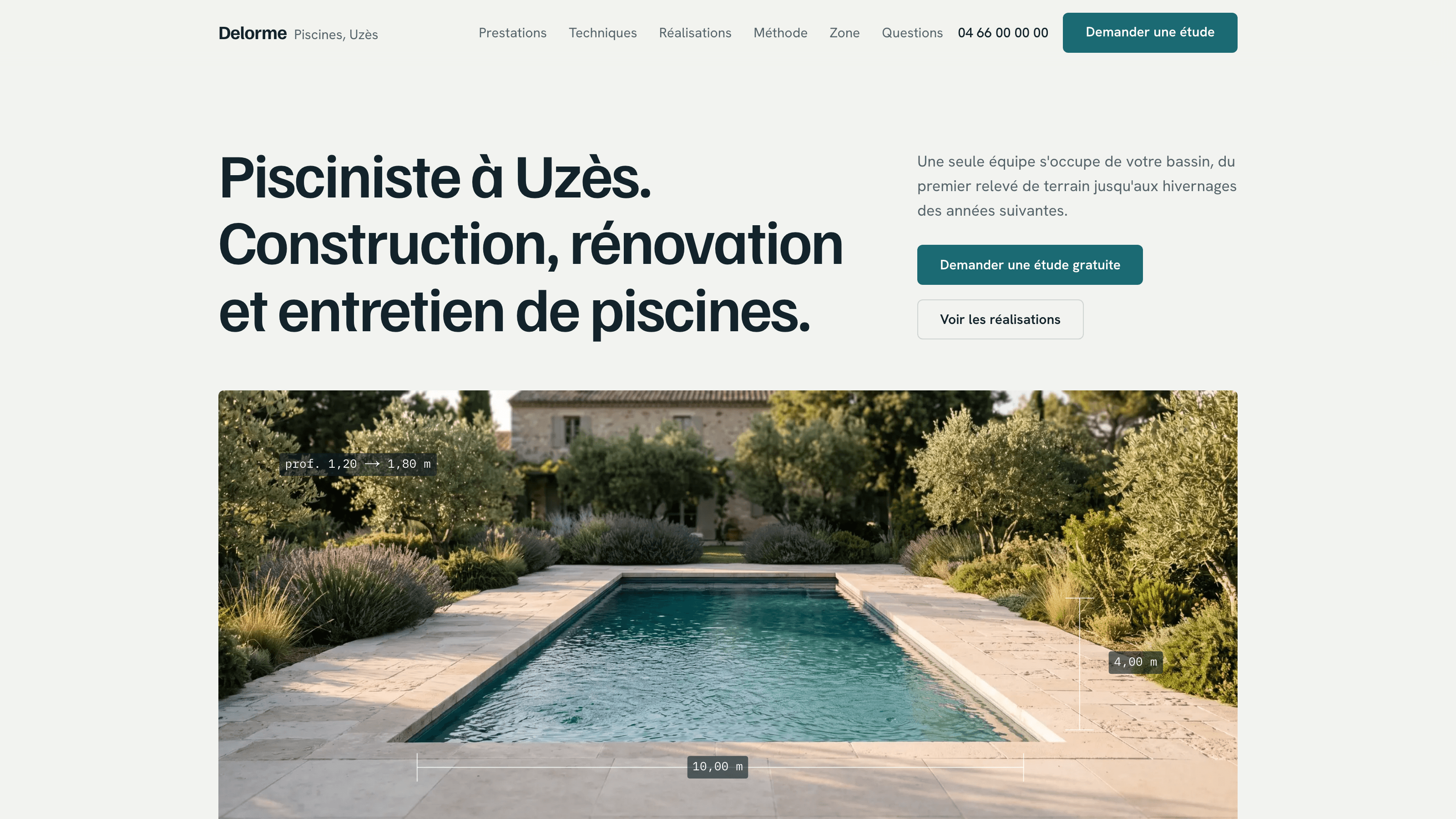 Site démo Delorme Piscines : page d'accueil, piscine cotée