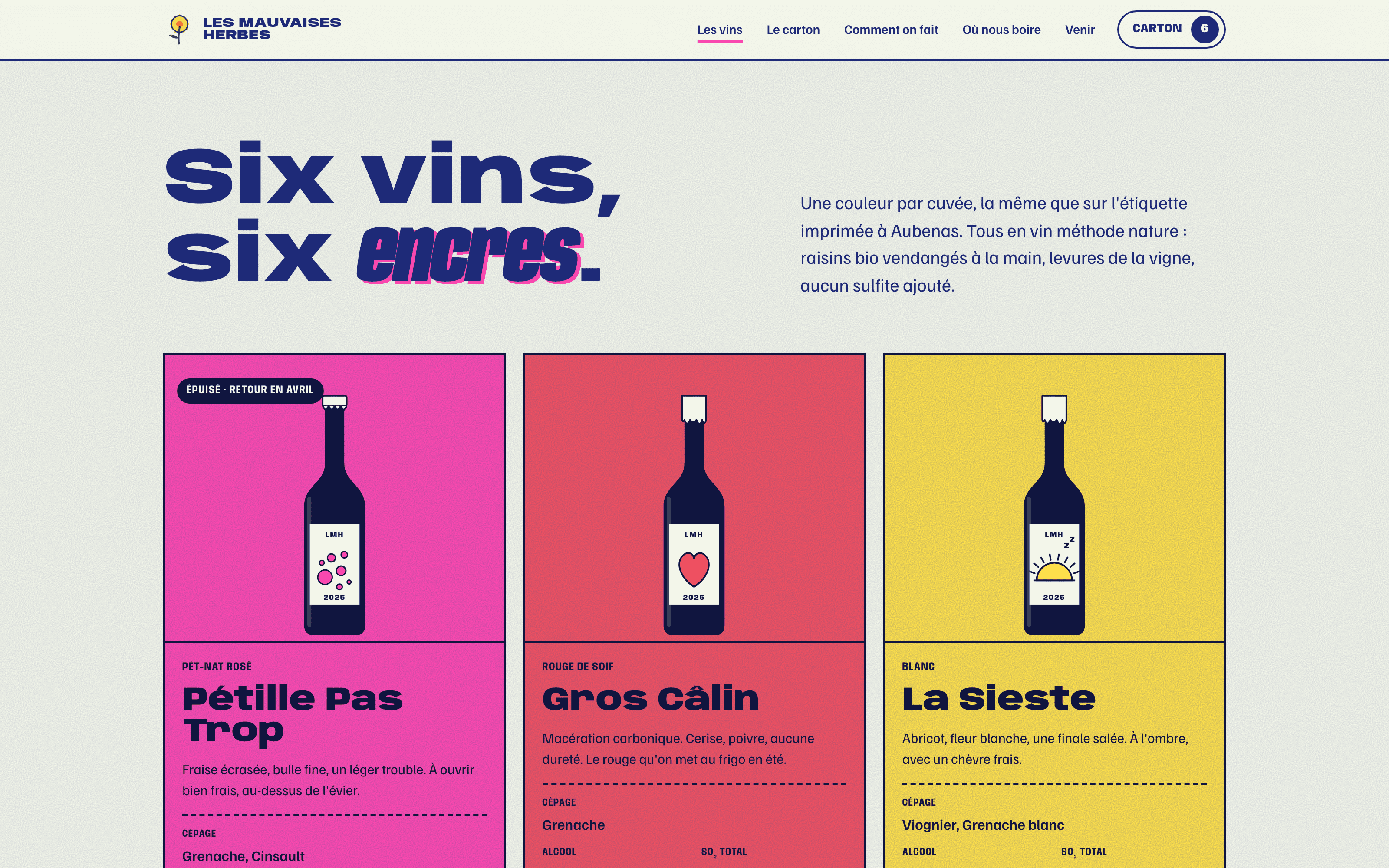 Site démo Les Mauvaises Herbes : six cuvées, une couleur d'encre chacune